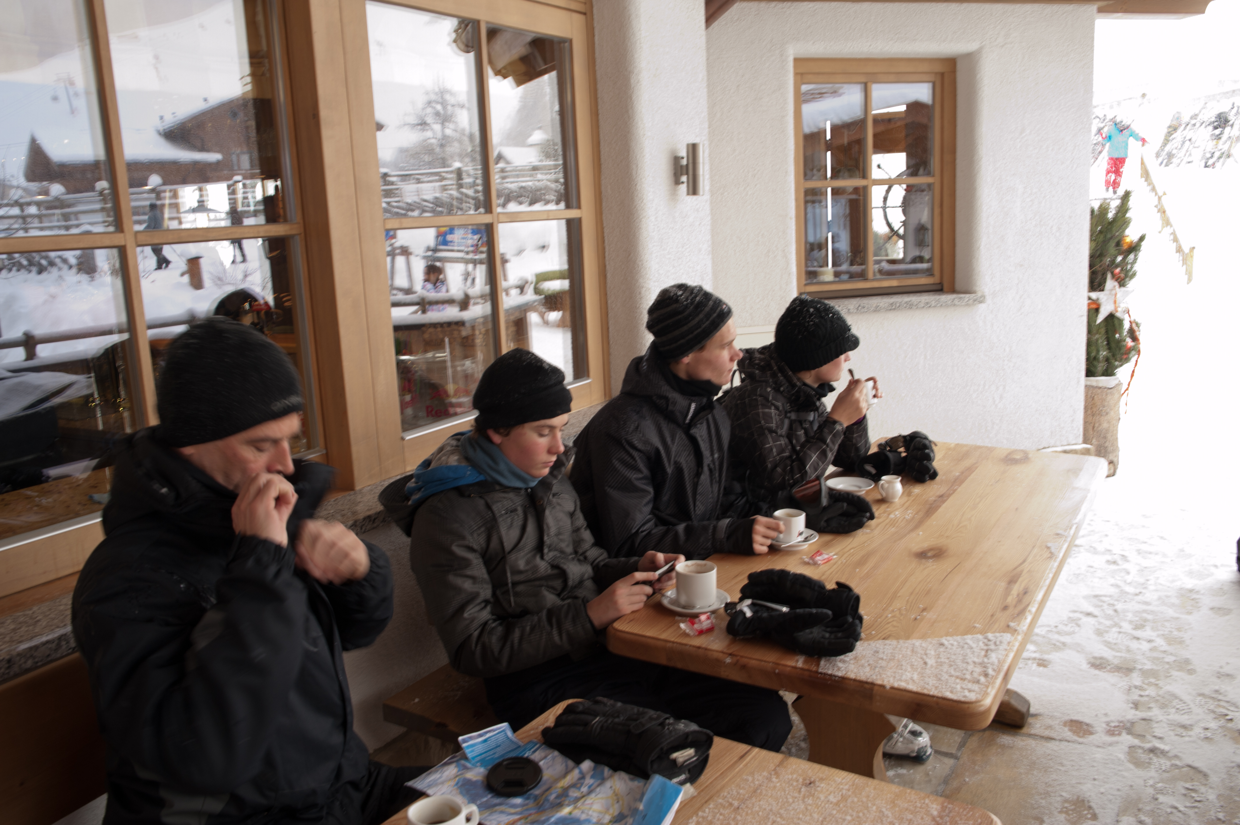 Drinking coffee at a ski hut